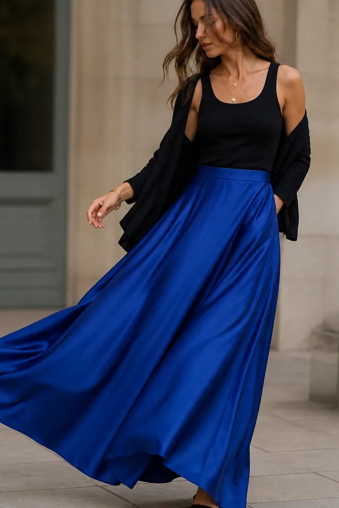 A black tank tucked into a flowing cobalt blue maxi skirt with a subtle sheen, layered with a lightweight black cardigan draped off the shoulders, and gold jewelry. The image focuses on the skirt movement and the clean waist tuck.