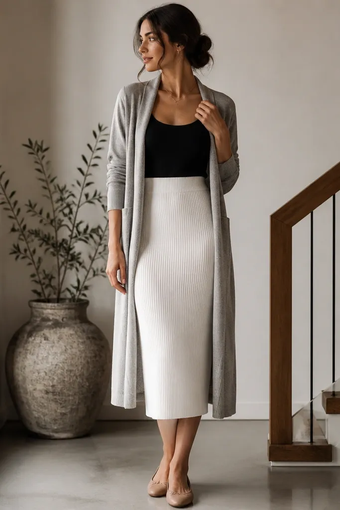 A black tank with a white knit pencil skirt, a longline gray cardigan worn open, and nude flats. The photo shows a smooth, straight silhouette from waist to hem.