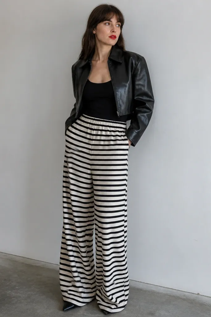 A black tank with wide-leg pants in black and white horizontal stripes, a cropped black leather jacket, and red lipstick visible in the photo. The outfit is photographed in a full-body frame with the pants pooling slightly at the ankle.