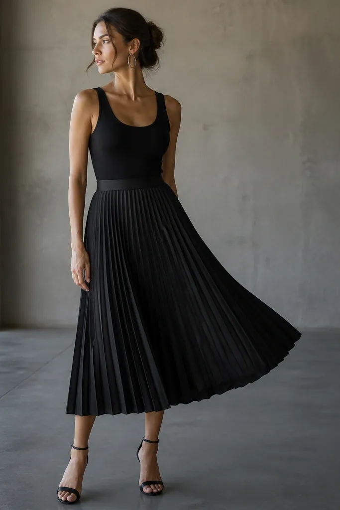 A black tank tucked into a black pleated midi skirt with a soft matte finish, plus oversized silver hoop earrings and black strappy heels. The photo shows the pleats catching light subtly as the skirt moves.