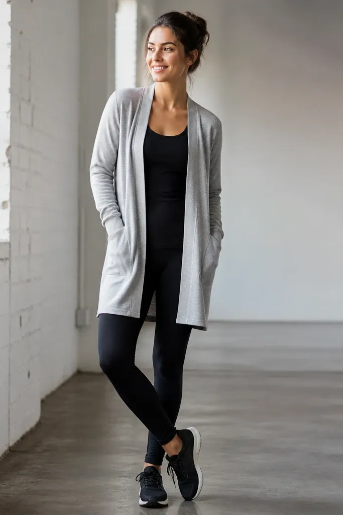 A black tank with black leggings, a long heather-gray open sweatshirt hanging over the top, and black running shoes. The photo shows the sweatshirt hem reaching mid-thigh and the tank neckline visible underneath.