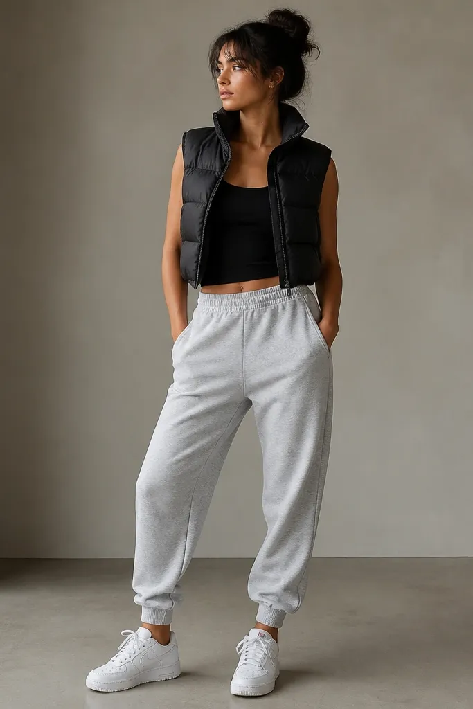A black tank with light gray sweatpants, a cropped black puffer vest zipped only halfway, and white sneakers. The photo shows the vest hem at the waist and the sweatpants cuffed slightly.