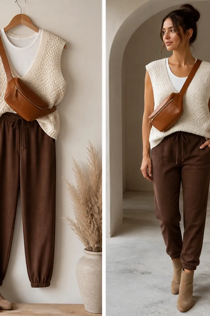 Outfit on a hanger and on-body view: brown joggers, a chunky ivory sweater vest layered over a fitted white tank, and tan suede ankle boots. A caramel belt bag crosses the chest.