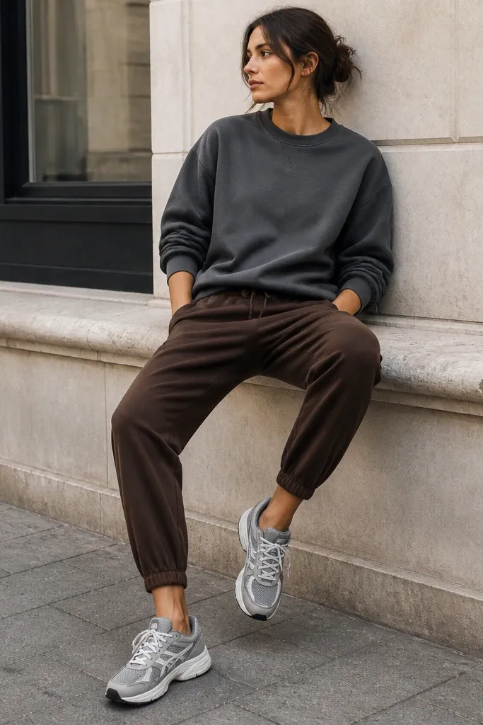 A relaxed street-style look: medium-dark brown joggers with cuffed hems, an oversized slate gray sweatshirt, and gray-and-white running shoes. The sweatshirt sleeves are pushed slightly above the wrist.