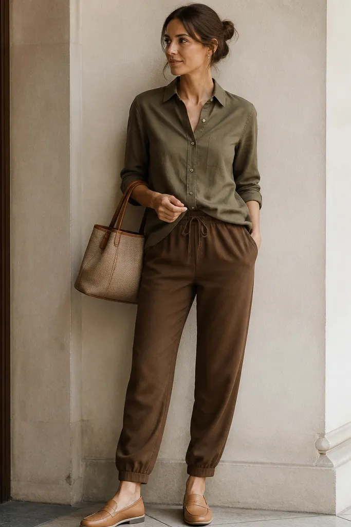 A woman in brown joggers with an olive button-up shirt half-tucked at the front, sleeves rolled to the forearm, and tan leather loafers. She holds a small tote in the crook of her arm.
