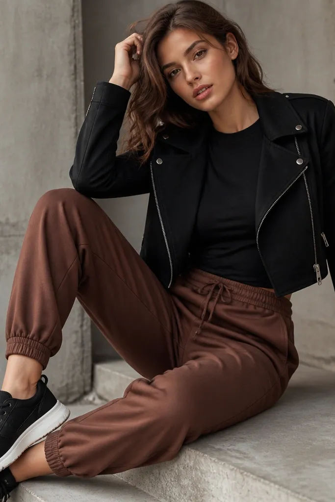A close, fashion-forward outfit: brown joggers, a fitted black short-sleeve tee, and a cropped black moto jacket with a visible zipper. Black sneakers with white soles complete the look.