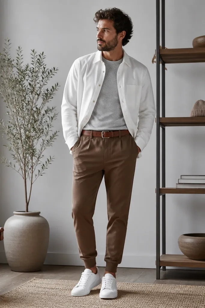 A bright, clean outfit: brown joggers, a white overshirt worn open over a light gray crewneck, cognac leather belt, and white leather sneakers. A knit beanie sits on a shelf nearby.