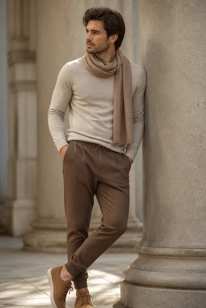 Monochrome-ish outfit: medium brown joggers, a sand mock-neck long-sleeve top, camel suede sneakers, and a soft tan scarf draped once at the neck.