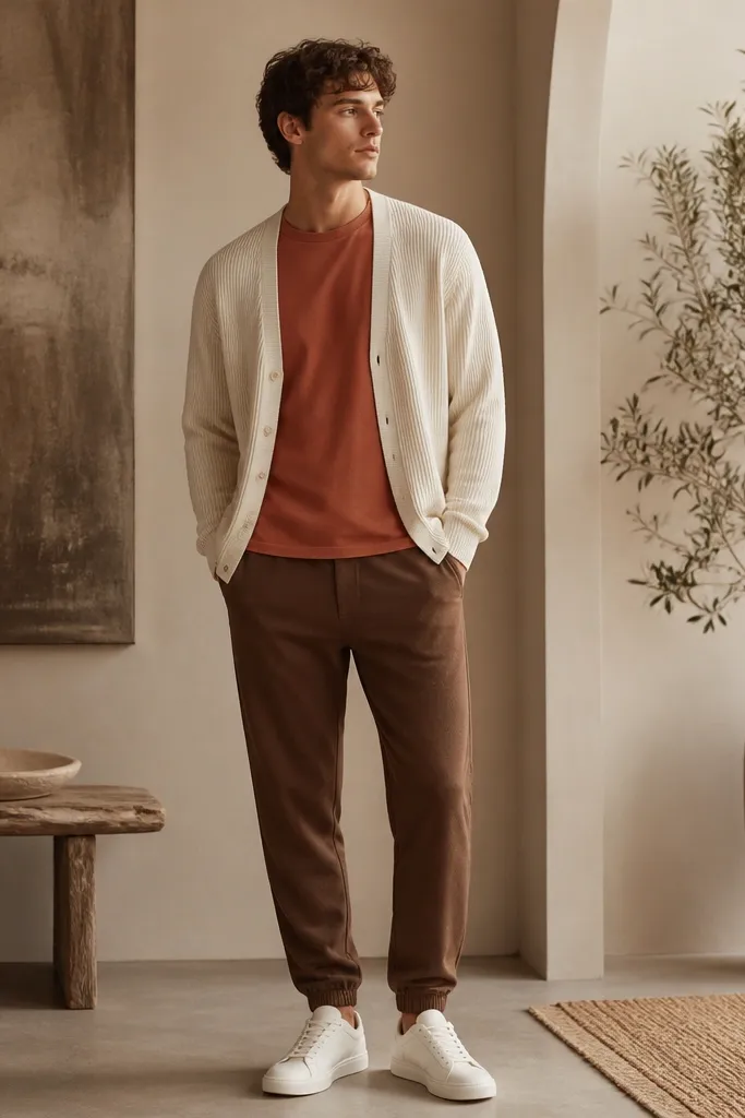 A warm color combo: brown joggers with a terracotta short-sleeve tee, a cream cardigan worn open, and off-white sneakers. The cardigan sleeves fall to the wrist and slightly cover the tee hem.