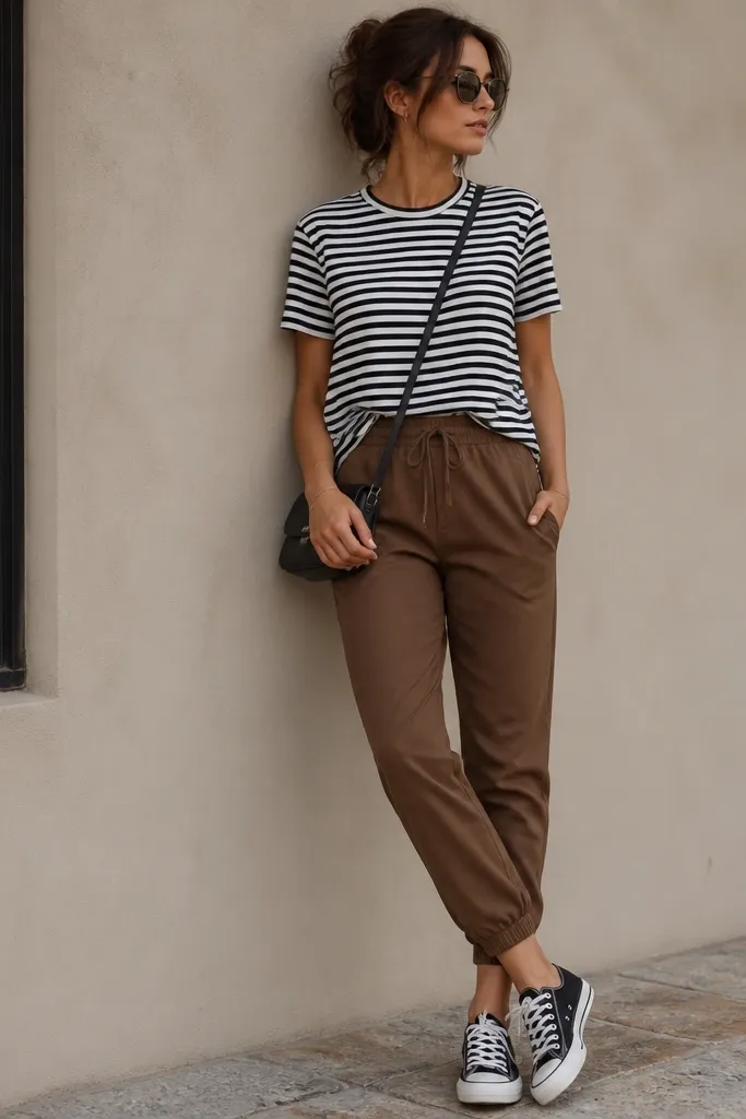 A casual striped outfit: brown joggers, a black-and-white horizontal striped tee, black low-top sneakers, and a small crossbody. The tee is tucked in the front only.