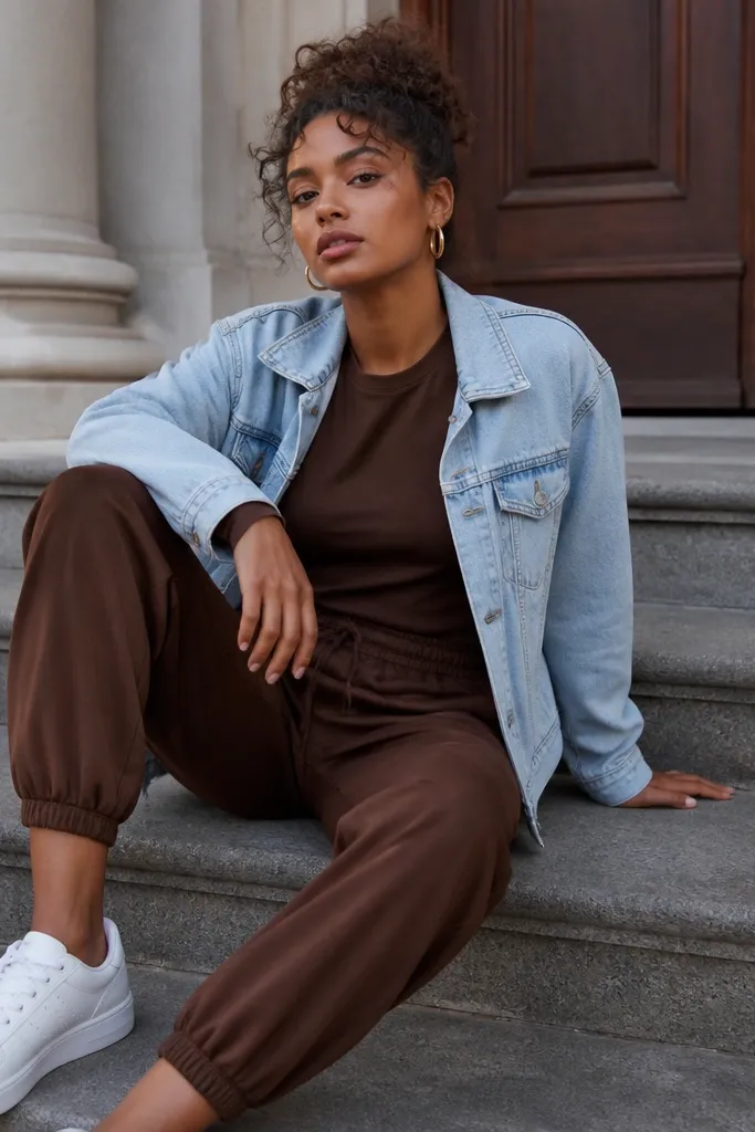 A coordinated look: brown joggers paired with a chocolate-brown long-sleeve top, plus a light wash denim jacket worn open. White sneakers and a gold hoop earring are visible.