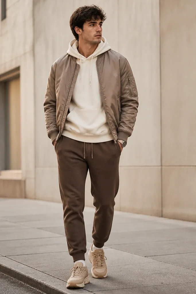 A layered streetwear look: brown joggers, a cream hoodie underneath, and a taupe bomber jacket worn open. Tan sneakers and a watch are shown.