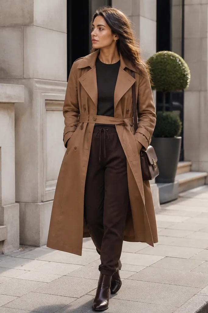 A polished walk-by outfit: brown joggers, charcoal crewneck tee, camel trench coat belted at the waist, and dark brown leather ankle boots. A structured shoulder bag hangs at the side.