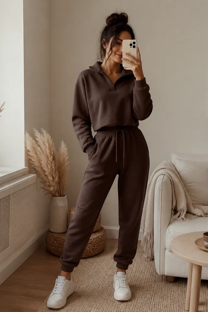 Small space brown joggers outfit women styling