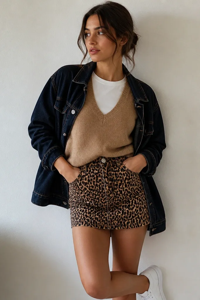 A camel sweater vest over a white fitted tee, tucked into a leopard print mini skirt; dark denim jacket worn open; white sneakers.