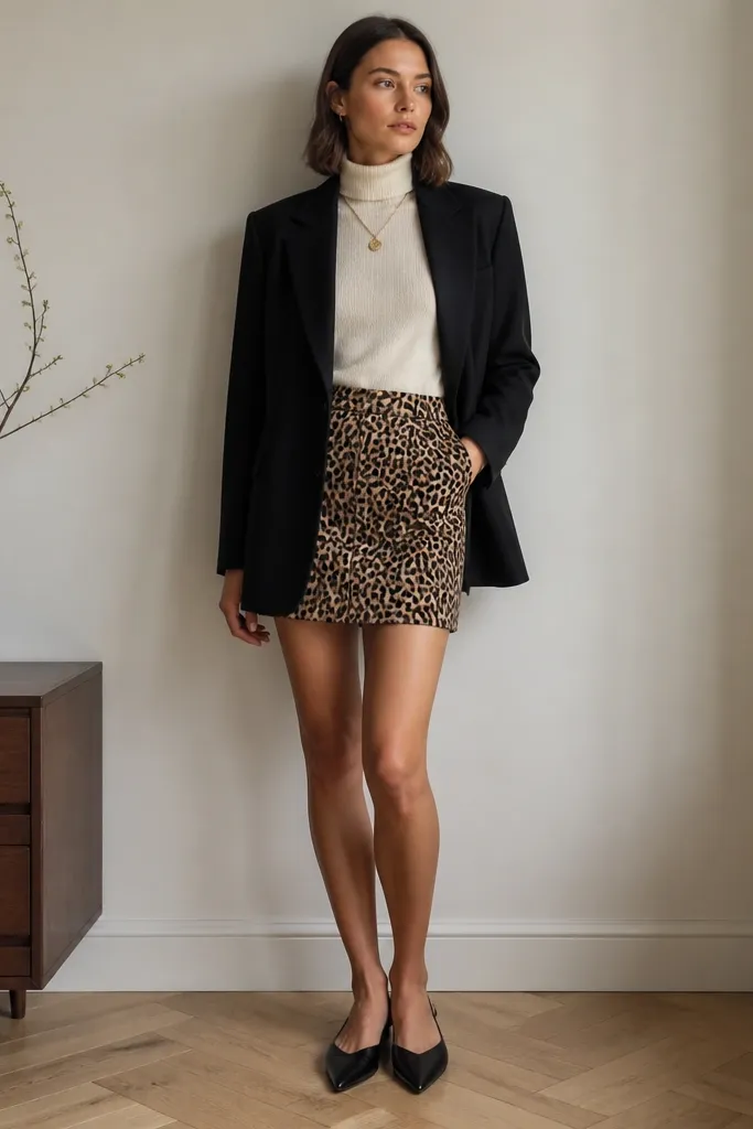 A cream turtleneck tucked into a leopard print mini skirt; a black blazer worn open; black pointed-toe flats; gold necklace.