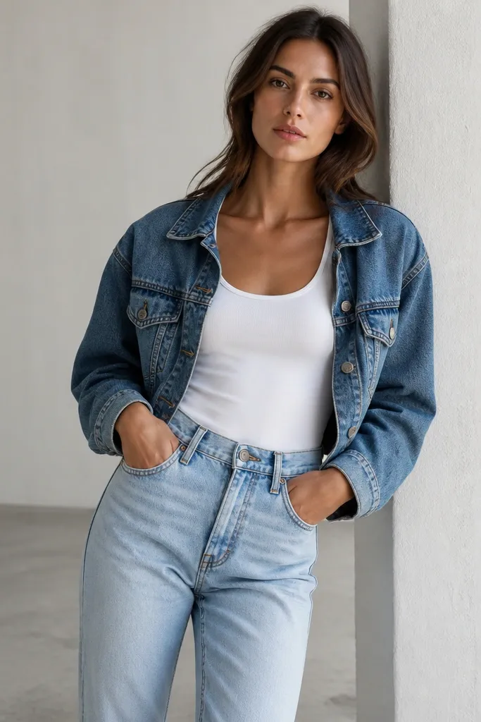 A white tank top tucked into light-wash straight-leg jeans. A cropped blue denim jacket sits open at the waist; white tank straps line up neatly with the jacket's shoulder seams.