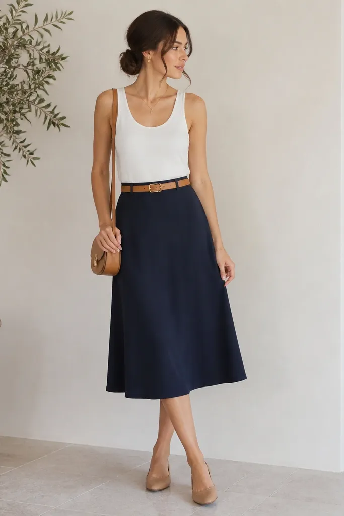 A white tank top tucked into a navy midi skirt with a slight A-line shape. A tan belt cinches at the waist; a pair of nude flats and a small crossbody bag are visible.