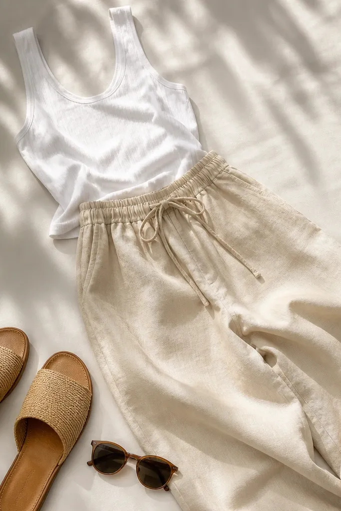 A white tank top paired with cream linen drawstring pants. The outfit is airy, with a relaxed waistline and soft folds; wicker slide sandals and sunglasses sit at the bottom of the frame.