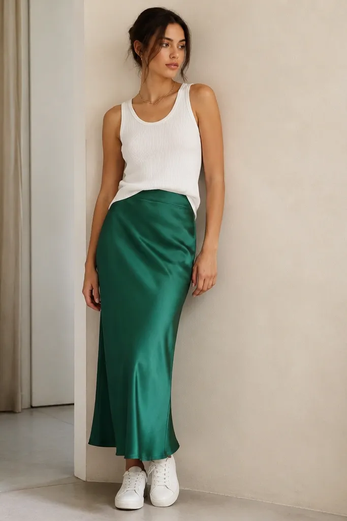 A white tank top tucked slightly into an emerald-green satin slip skirt. The skirt has a clean bias drape; white sneakers and a delicate chain necklace appear.