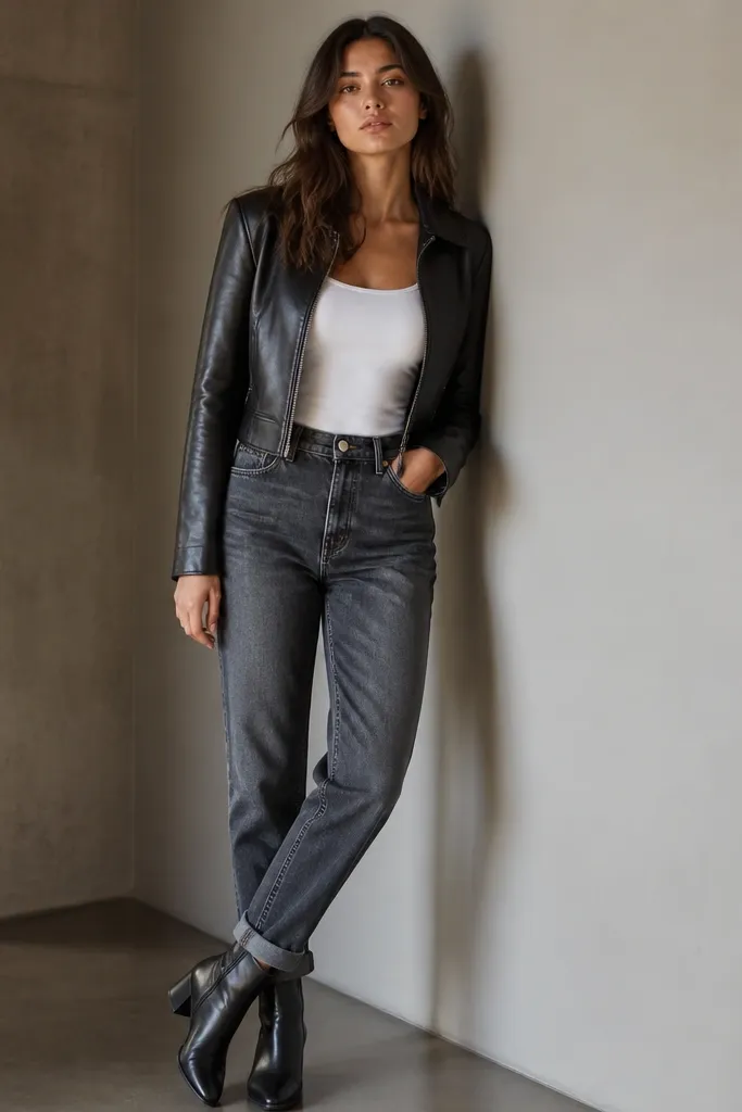A fitted white tank top under a cropped black leather jacket. Charcoal straight jeans sit at the waist, with a slight cuff at the ankle; boots are visible.