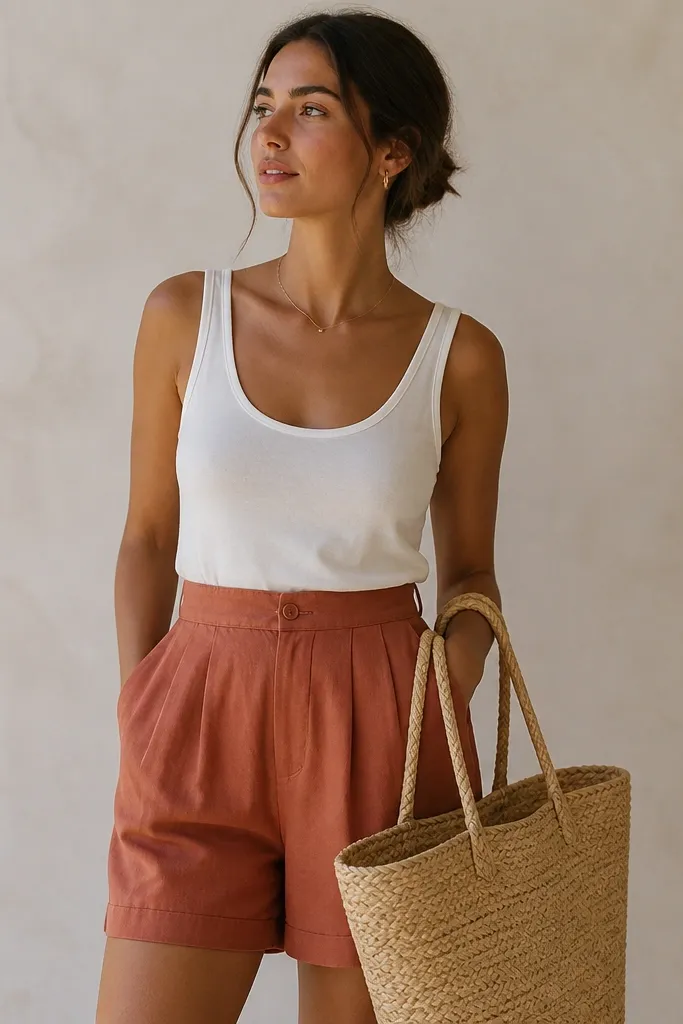 A white tank top with terracotta shorts and a natural straw tote bag. The tank has a scooped neckline; the shorts sit high on the waist.