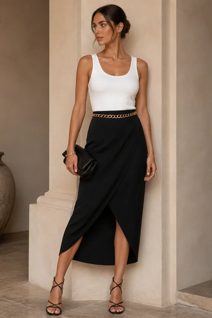 A white tank top tucked into a black wrap skirt with a visible wrap seam. A gold chain belt sits at the waist; strappy heels and a clutch are shown.