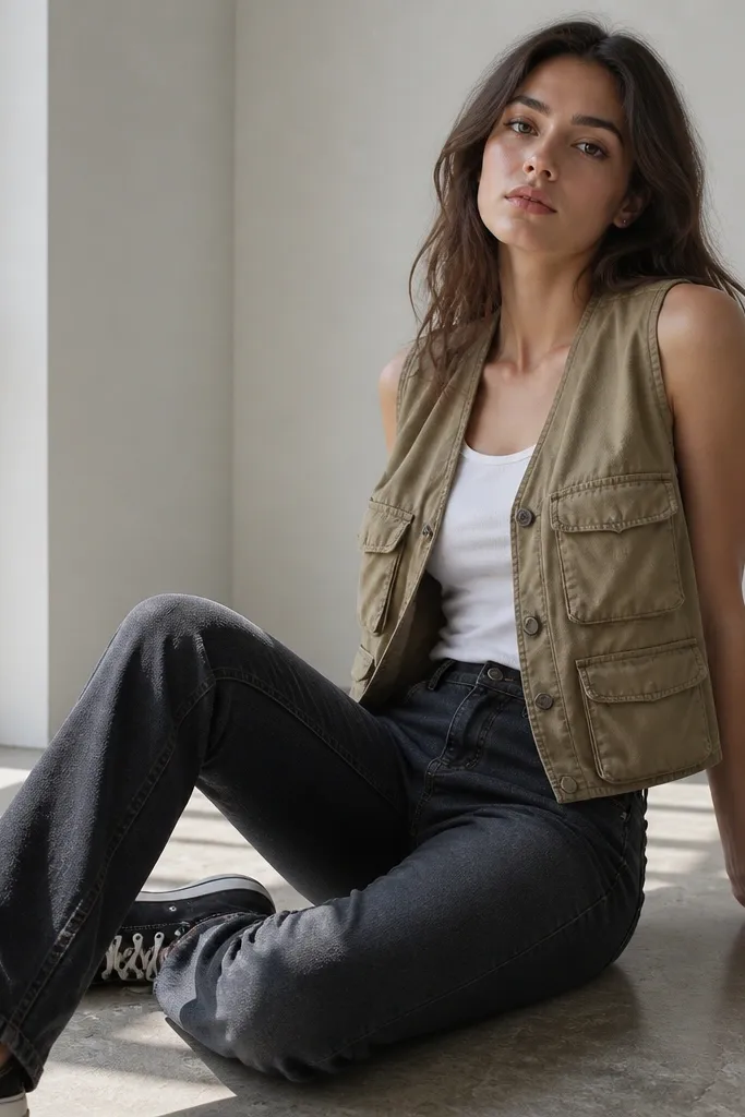 A white tank top layered under a khaki utility vest with flap pockets. Slim blue-black jeans and canvas sneakers are visible.