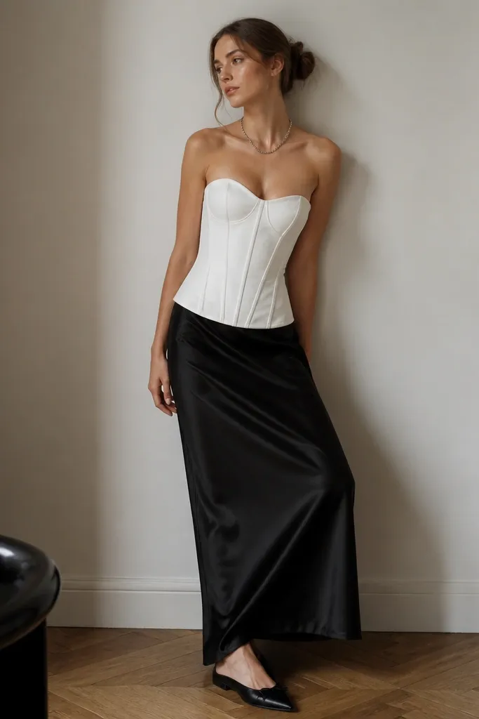A white corset-style top sits over a black slip skirt. The black fabric has a soft sheen and falls in smooth folds. The model wears black pointed-toe flats and a small silver chain necklace.