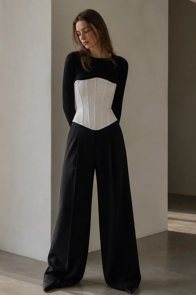 The model shows a white corset at the waist over a thin black long-sleeve layer. Black wide-leg pants drape to the floor with a clean break at the ankle.