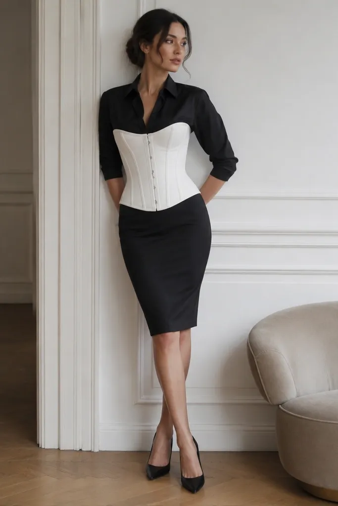 A white corset is worn over a partially buttoned black shirt with a crisp collar. The model wears a black pencil skirt and black pointed pumps.