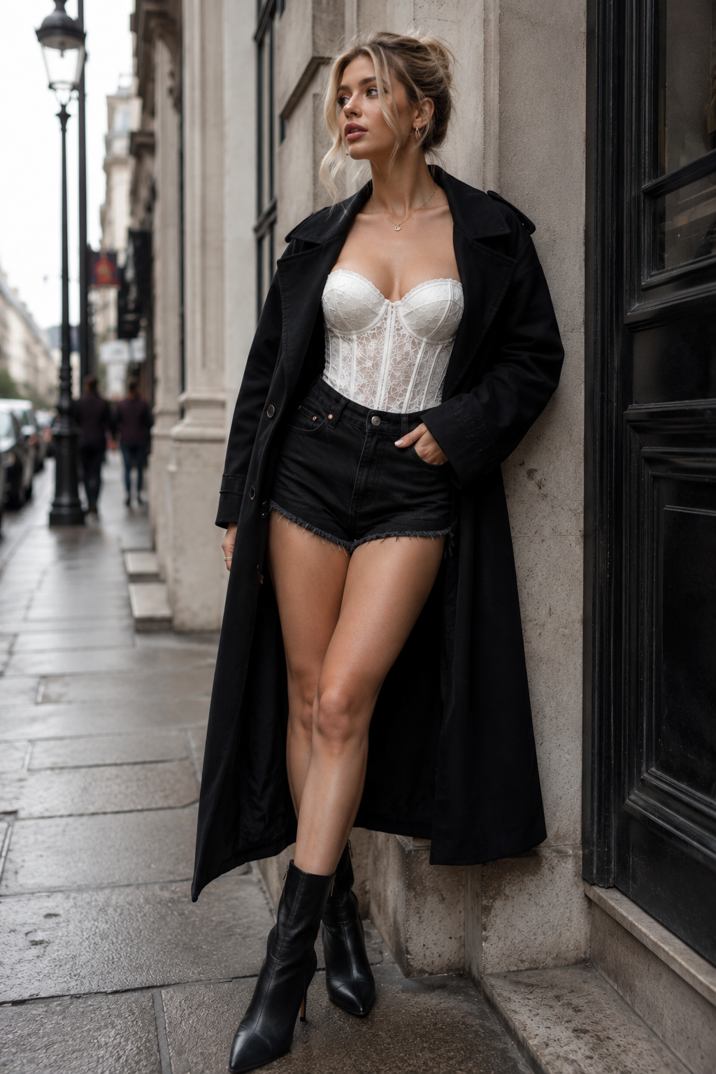 A white corset worn with black denim shorts. The model wears a long black coat that drapes down, and black boots. The coat opens to reveal the corset at the waist.