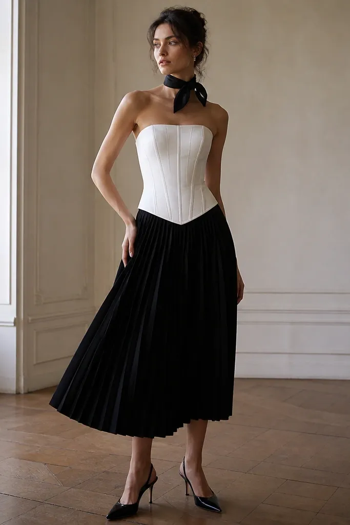 A white corset with structured panels. The model wears a black pleated midi skirt and ties a black satin scarf around the neck. Black heels complete the look.