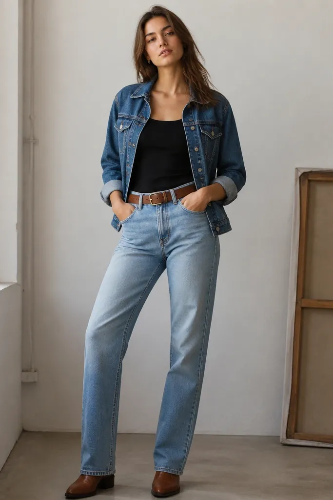 A black tank over a light indigo straight-leg jean outfit, finished with a medium-blue denim jacket. The jacket sleeves are slightly cuffed and the look uses a brown leather belt.