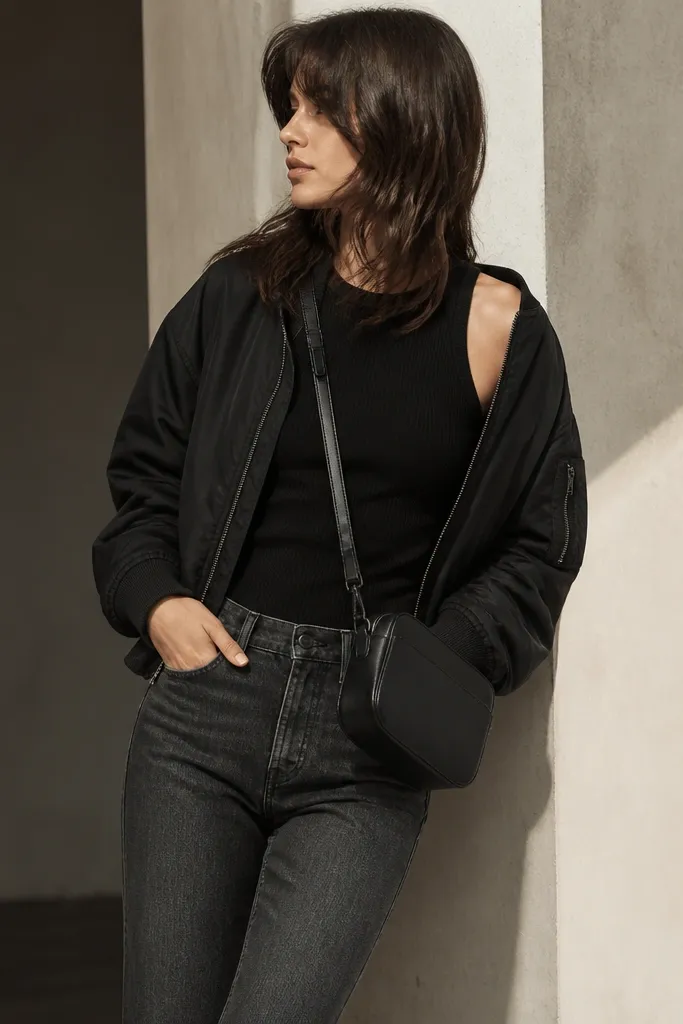 A ribbed black tank paired with charcoal tapered jeans and a black bomber with a matte finish. A simple crossbody bag hangs at the hip.