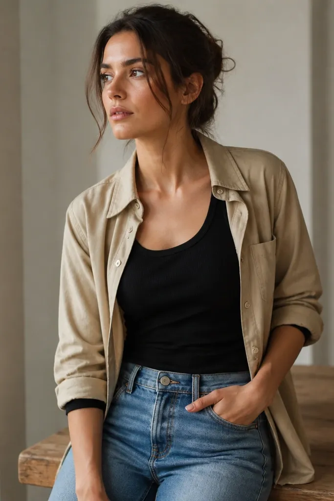 A black tank worn with mid-rise blue jeans and a tan overshirt layered on top. The collar sits open, and the sleeves are rolled to show the tank.