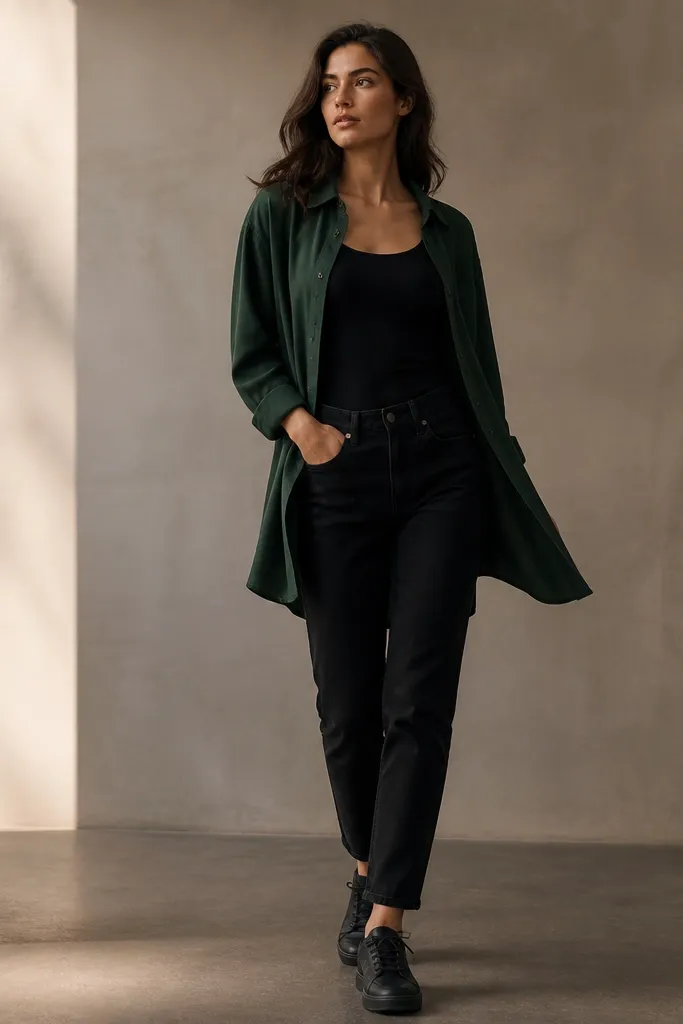A black tank under an open longline shirt in deep green, with black jeans and black sneakers. The shirt hem falls past the hips and moves with the body.