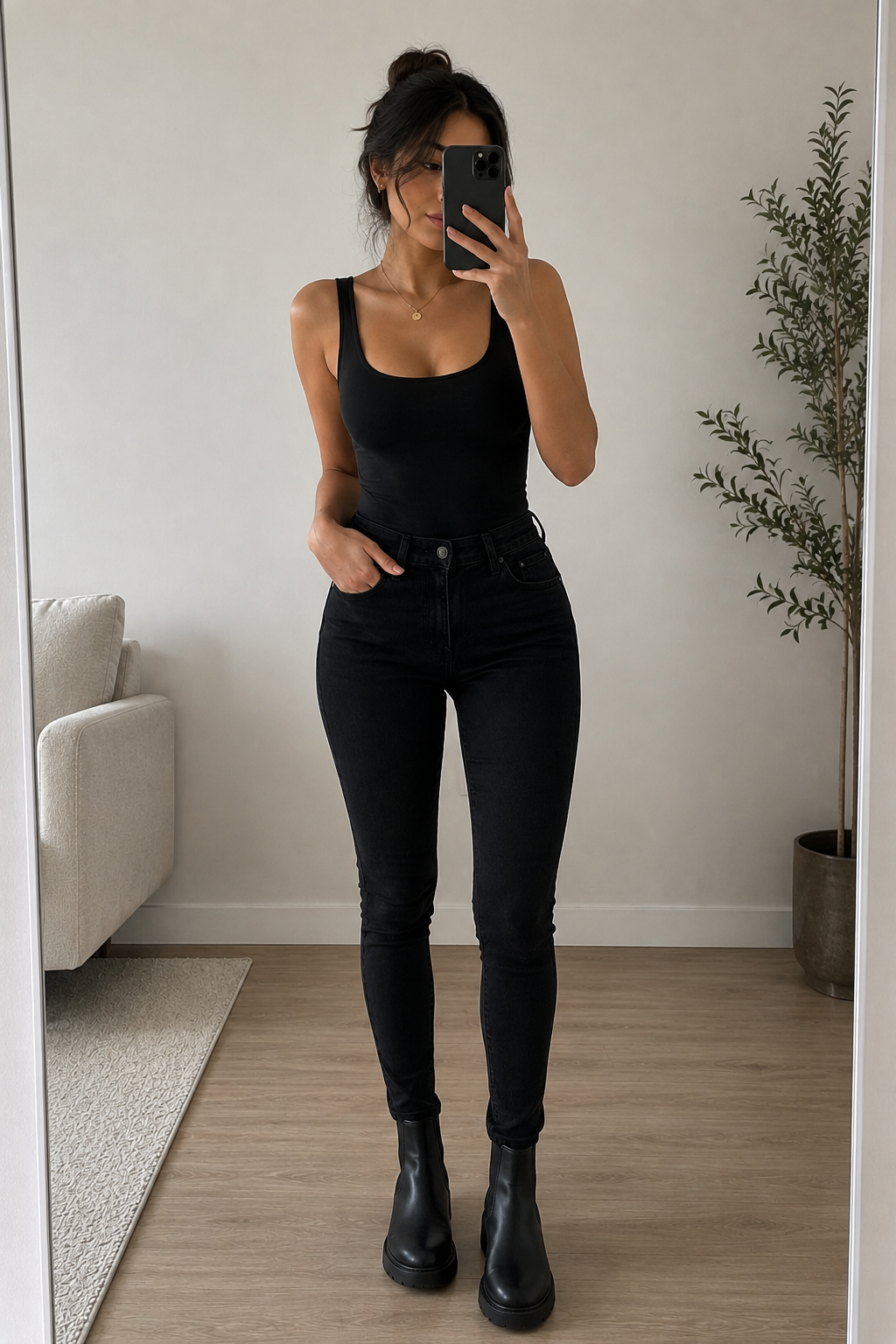 A fitted black tank paired with black skinny jeans and black Chelsea boots. A matte black belt matches the boots, and a small silver ring is visible.