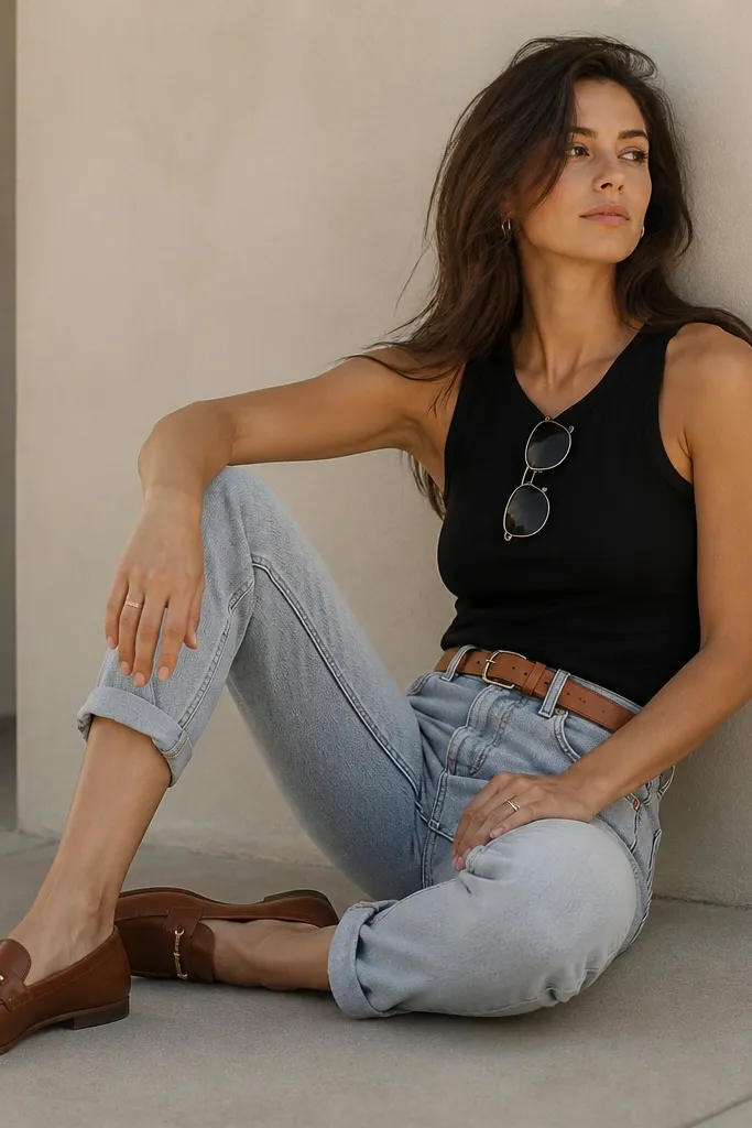 A black tank with light-wash jeans cuffed at the ankle, a tan leather belt, and brown loafers. A pair of sunglasses rests on the shirt collar.