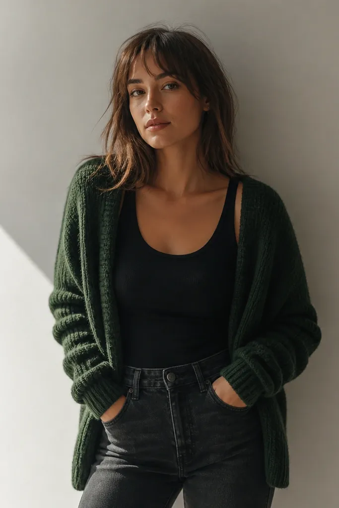 A black tank tucked into dark jeans with a forest-green knit cardigan worn open. The cardigan sleeves bunch slightly at the wrists.