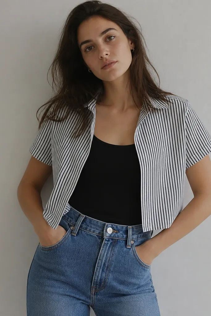 A black tank with medium-blue jeans and a short striped overshirt in white and black. The overshirt is unbuttoned and sits at the waist.
