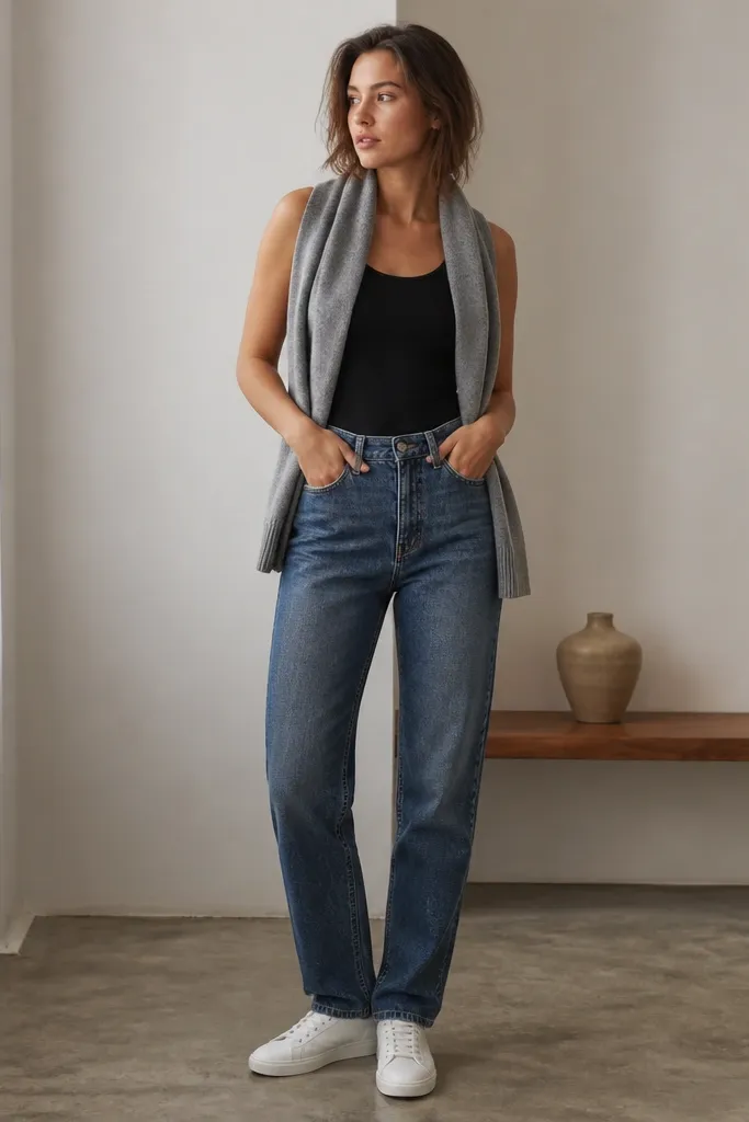 A black tank with straight-leg jeans and a long gray scarf draped over the shoulders. The scarf ends hang near the waist and the outfit uses white sneakers.