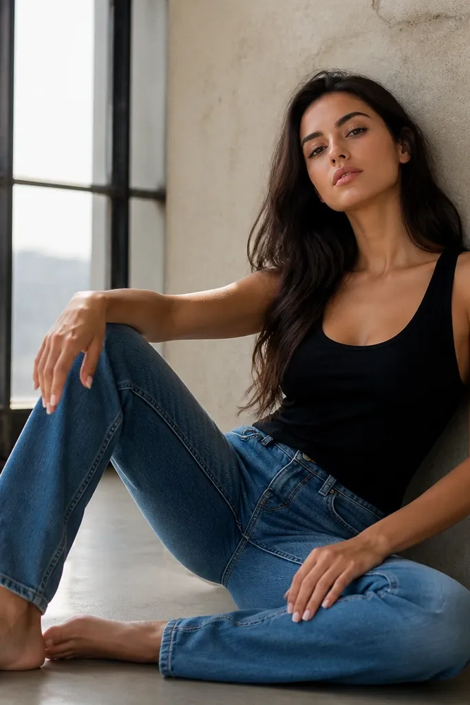 With jeans black tank top outfit styling