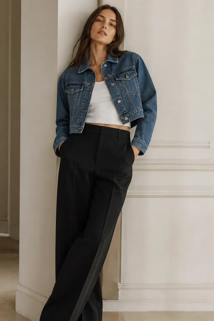 A white tank with hidden storage is worn under a cropped blue denim jacket. The bottom is black wide-leg trousers with a crisp crease. The photo shows a beltless waistline and clean, straight drape.