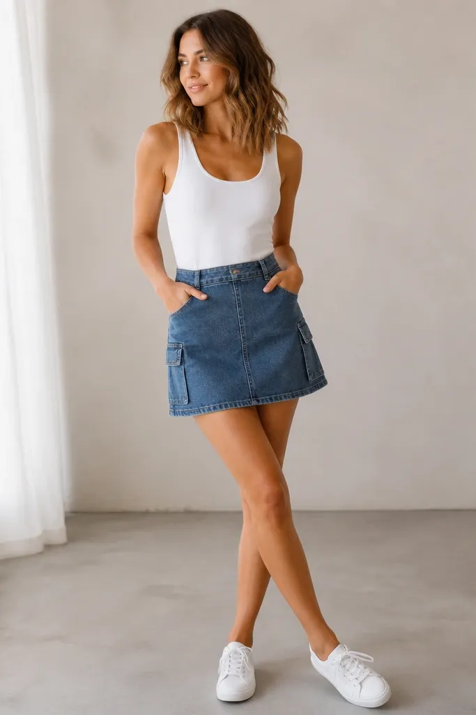 A white tank with side storage is tucked into a medium-blue denim mini skirt. The skirt has a clean waistband and a slight flare. White low-top sneakers complete the look.