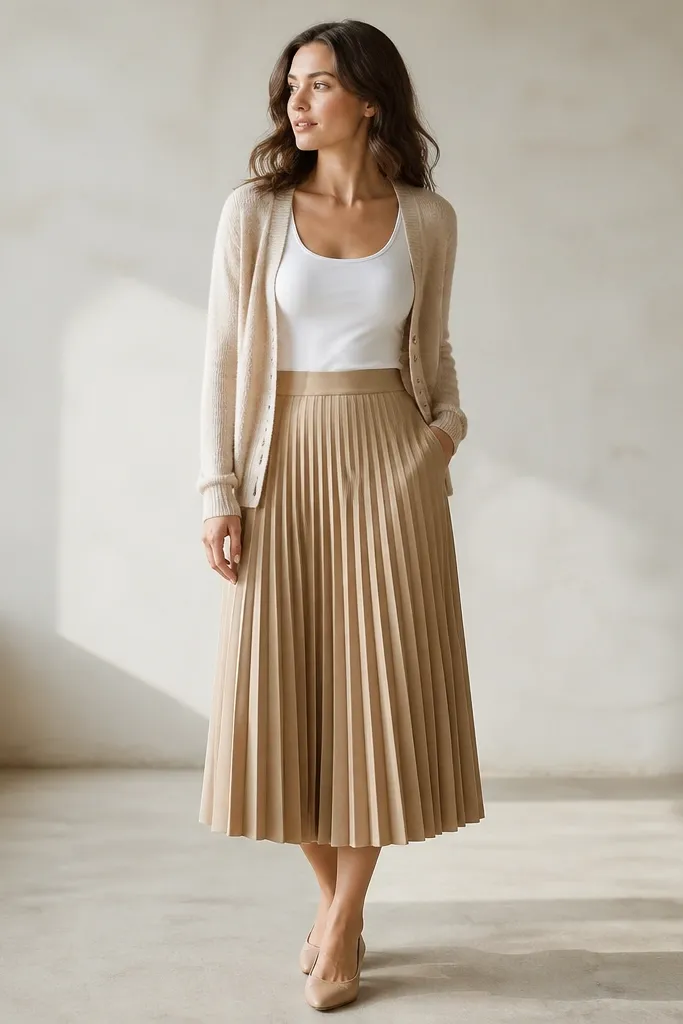 A white tank with hidden storage is tucked into a camel pleated midi skirt. The pleats fall smoothly and the pocket area stays flat. The styling includes nude flats and a soft beige cardigan.