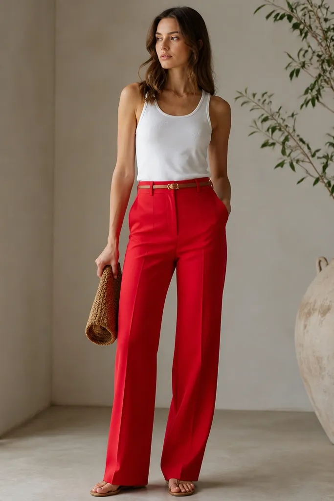 A white tank with side storage is worn with bright red straight-leg trousers. A slim belt with gold buckle sits at the waist. The photo shows the tank tucked and the pocket area not bulging.