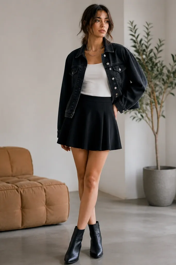 A white tank with built-in storage is under a black denim jacket. A black skater skirt sits above the knee with a slight flare. The photo includes black ankle boots and a layered chain necklace.