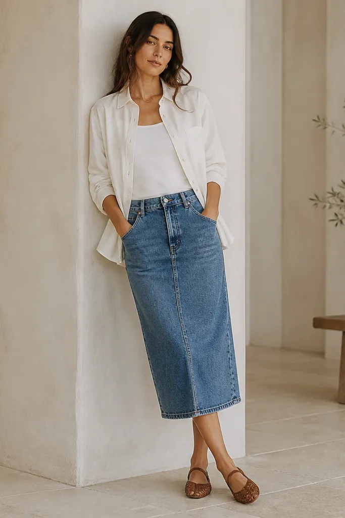 A layered look: a white tank with storage under a white button-front overshirt. The skirt is a medium-wash denim midi with a straight hem. The photo shows the overshirt slightly open at the front.