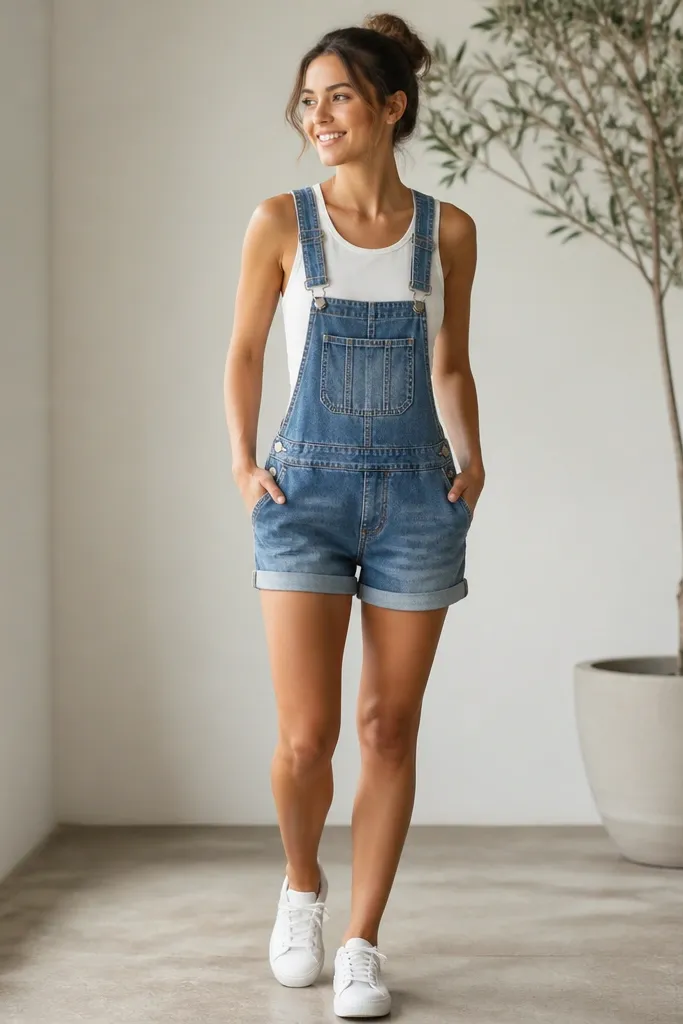A white tank with built-in storage is layered under denim shortalls with adjustable straps. The pocket area sits at the side where the shortalls have openings. The photo shows a cuffed hem and sneakers.